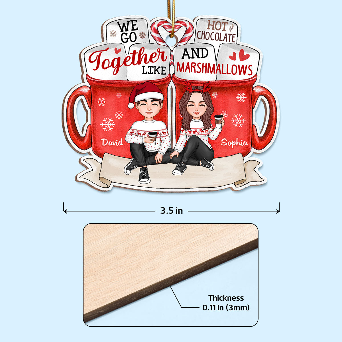 Cute Couple Sitting Hot Chocolate Personalized Wooden Ornament