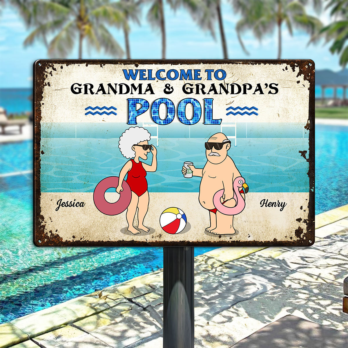 Welcome To Grandma Grandpa Pool, Funny Cartoon Personalized Metal Sign