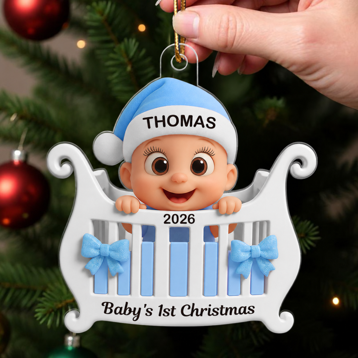 3D Effect Cute Cartoon Baby In Crib Baby's 1st Christmas Personalized Acrylic Flat Ornament