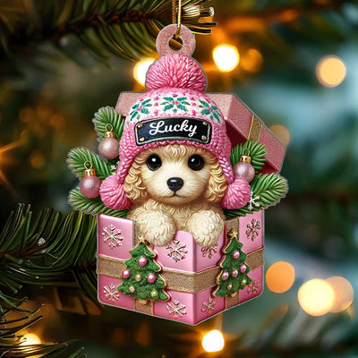 Cute Poodle Dog Inside Gift Box Personalized 2D Flat Acrylic Ornament, Christmas Gift for Dog Lovers