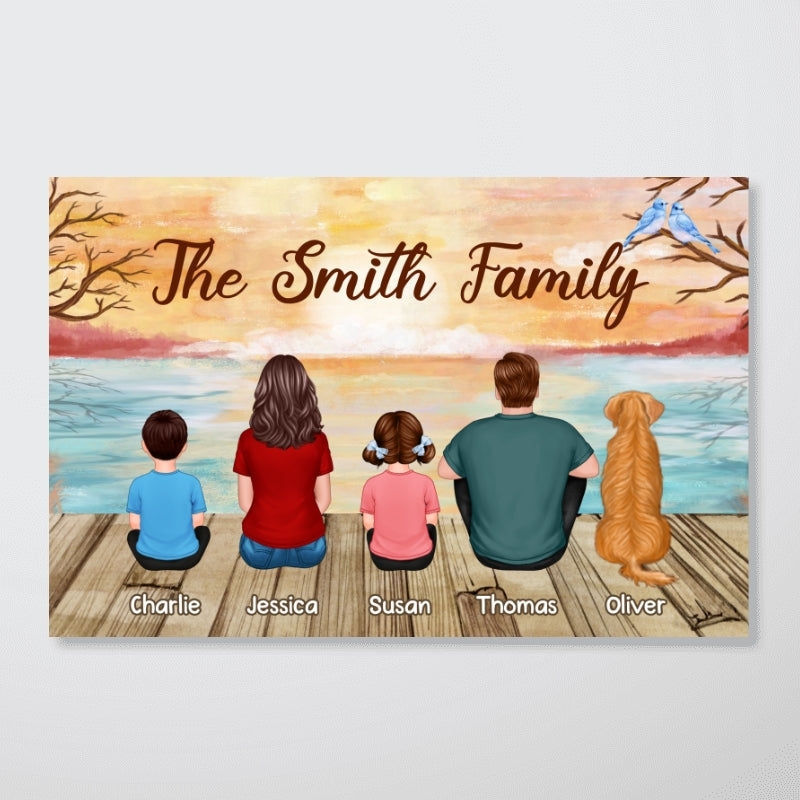 Lake View Whole Back View Family Grandpa Grandma Couple Dad Mom Kids Dogs Cats Sitting Personalized Horizontal Poster