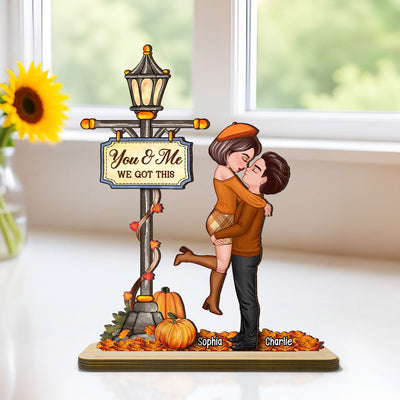 Under Lamp Post Fall Season Couple Kissing Personalized Standing Wooden Plaque