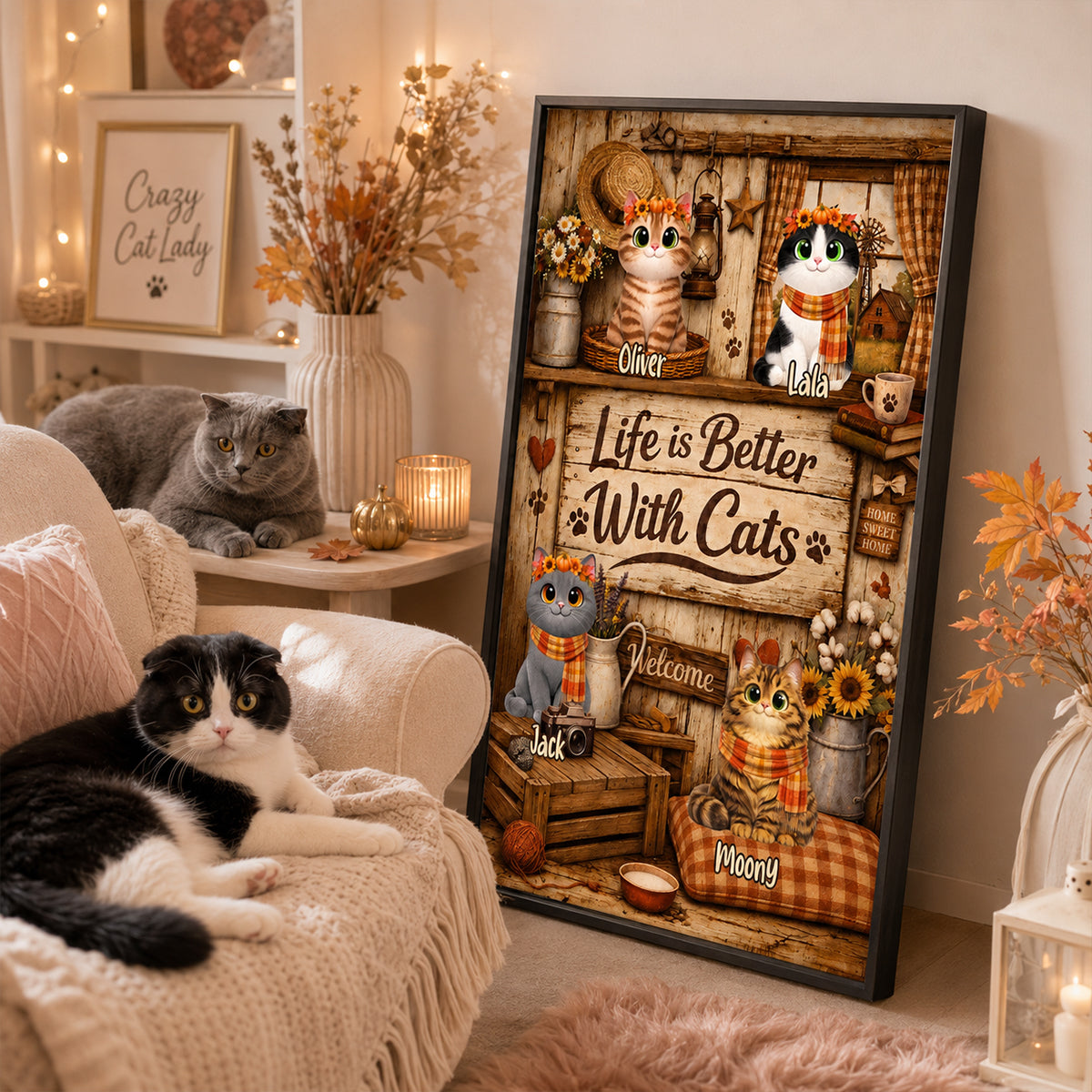 Life is Better with Cats - Personalized Poster - Cozy Fall Decor for Cat Lovers