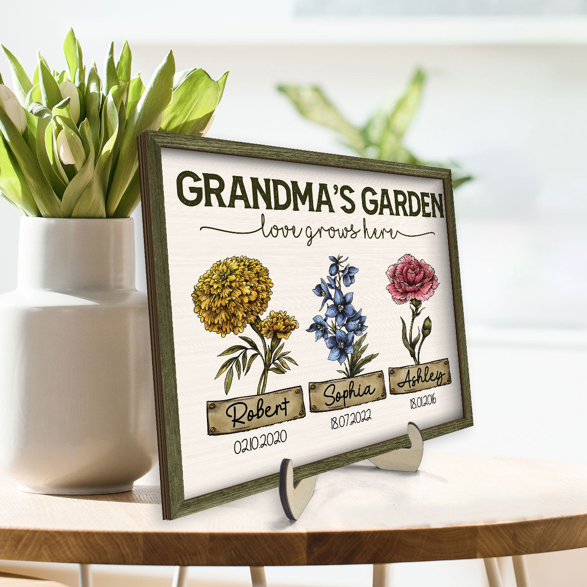 Grandma‘s Garden Love Grows Here Vintage Birth Month Flower Personalized 2-Layer Wooden Plaque