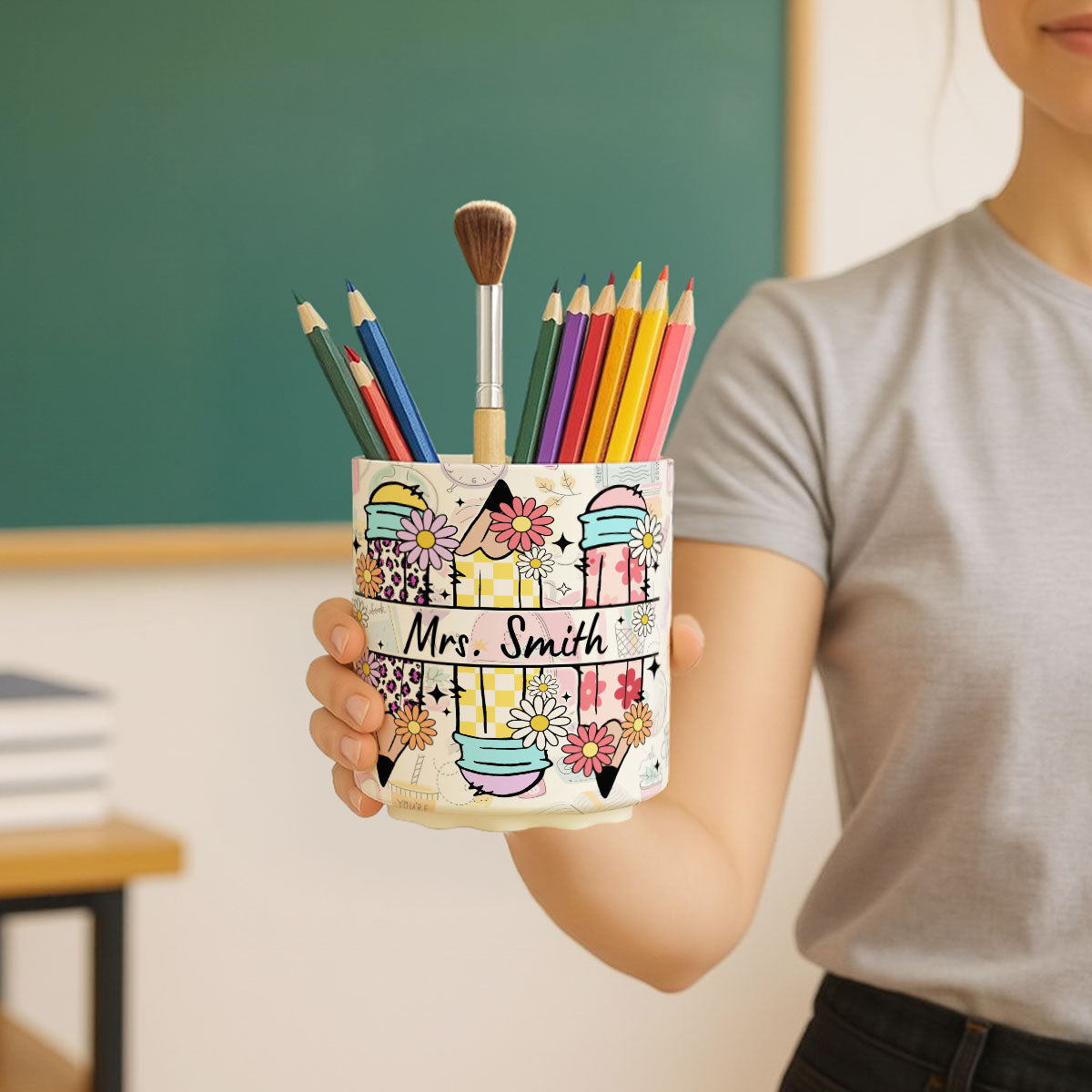 Teacher Life Doodle Pattern Personalized Rotating Pen Holder, Teacher Appreciation Gift, Back To School Gift