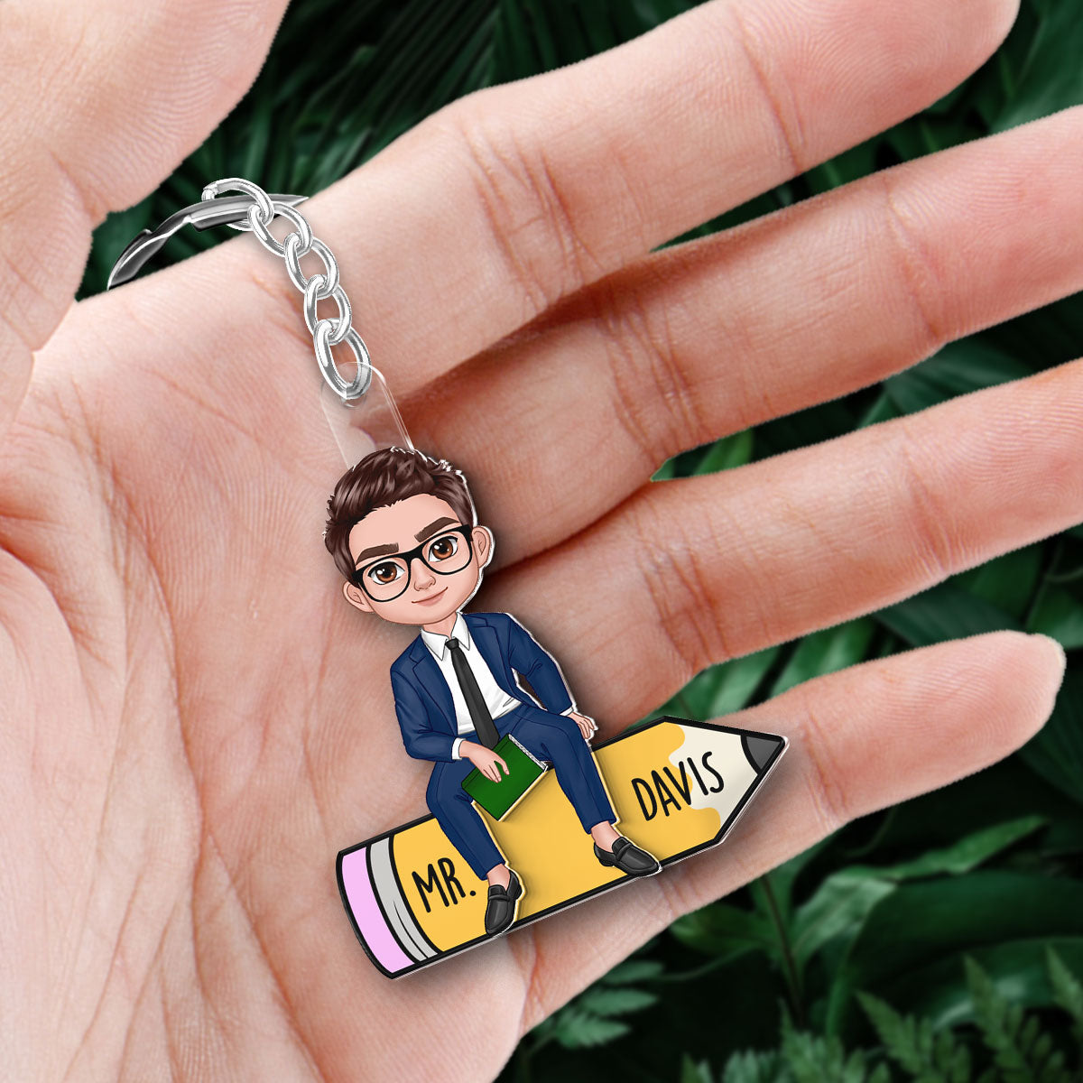 Teacher Sitting On Pencil Personalized 2-Layer Acrylic Keychain
