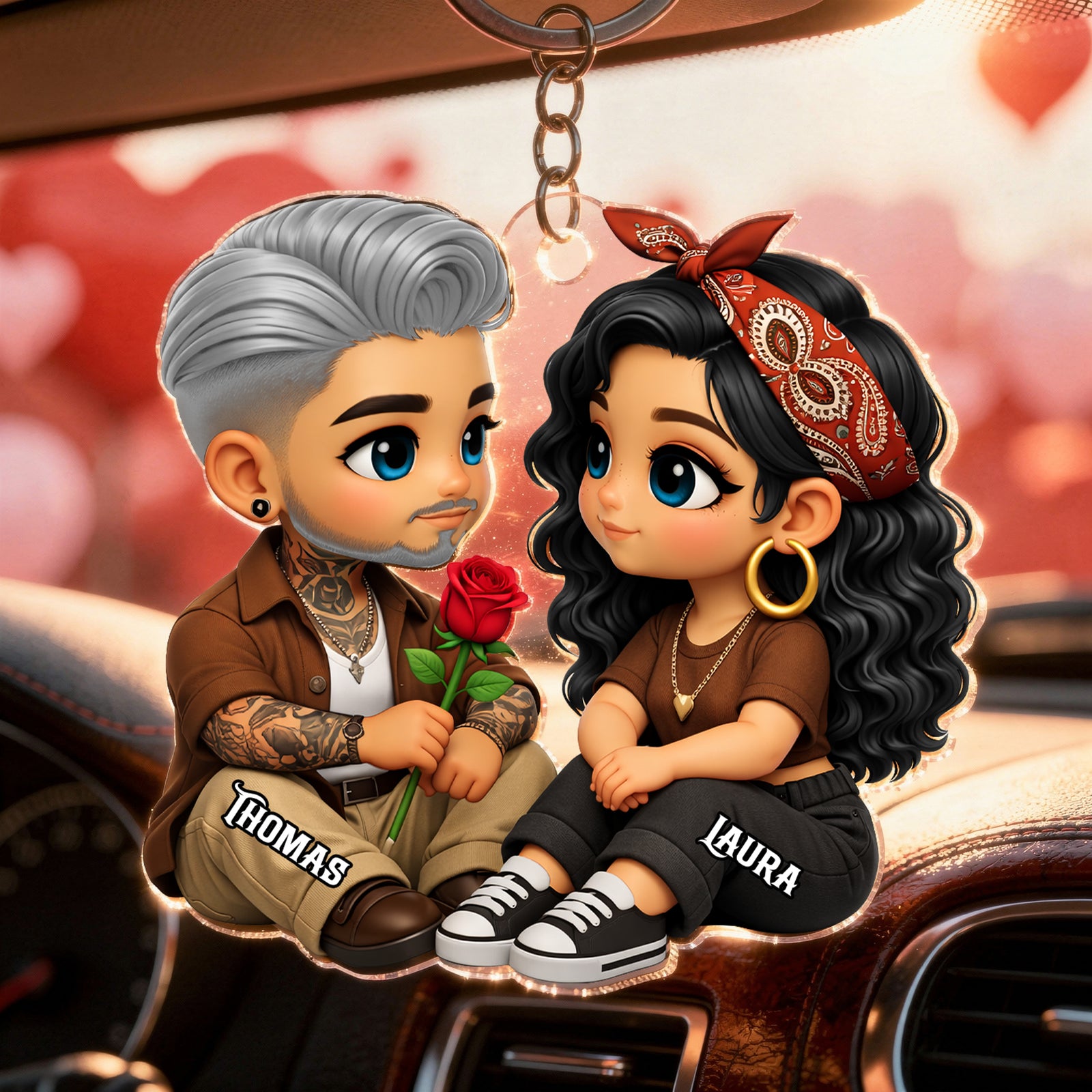 3D Effect Cute Couple A Rose For You - Personalized Acrylic Car Hanger - Valentine's Gift For Him, For Her, For Couple
