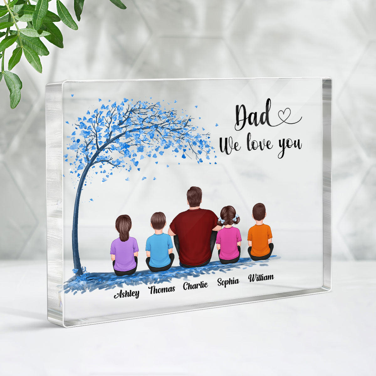 Blue Tree Best Dad Ever Back View Man Sitting With Kids Dogs Cats Personalized Horizontal Rectangle Acrylic Block