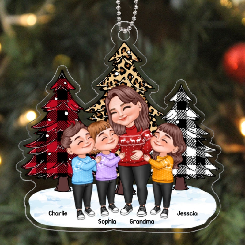 Leopard Checkered Pattern Christmas Tree Cartoon Grandma & Grandkids Hugging Personalized Acrylic Ornament