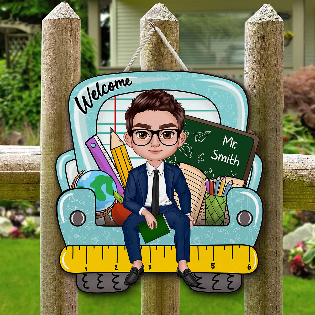 Doll Teacher Truck Back View Personalized Wood Sign, Back To School Gift