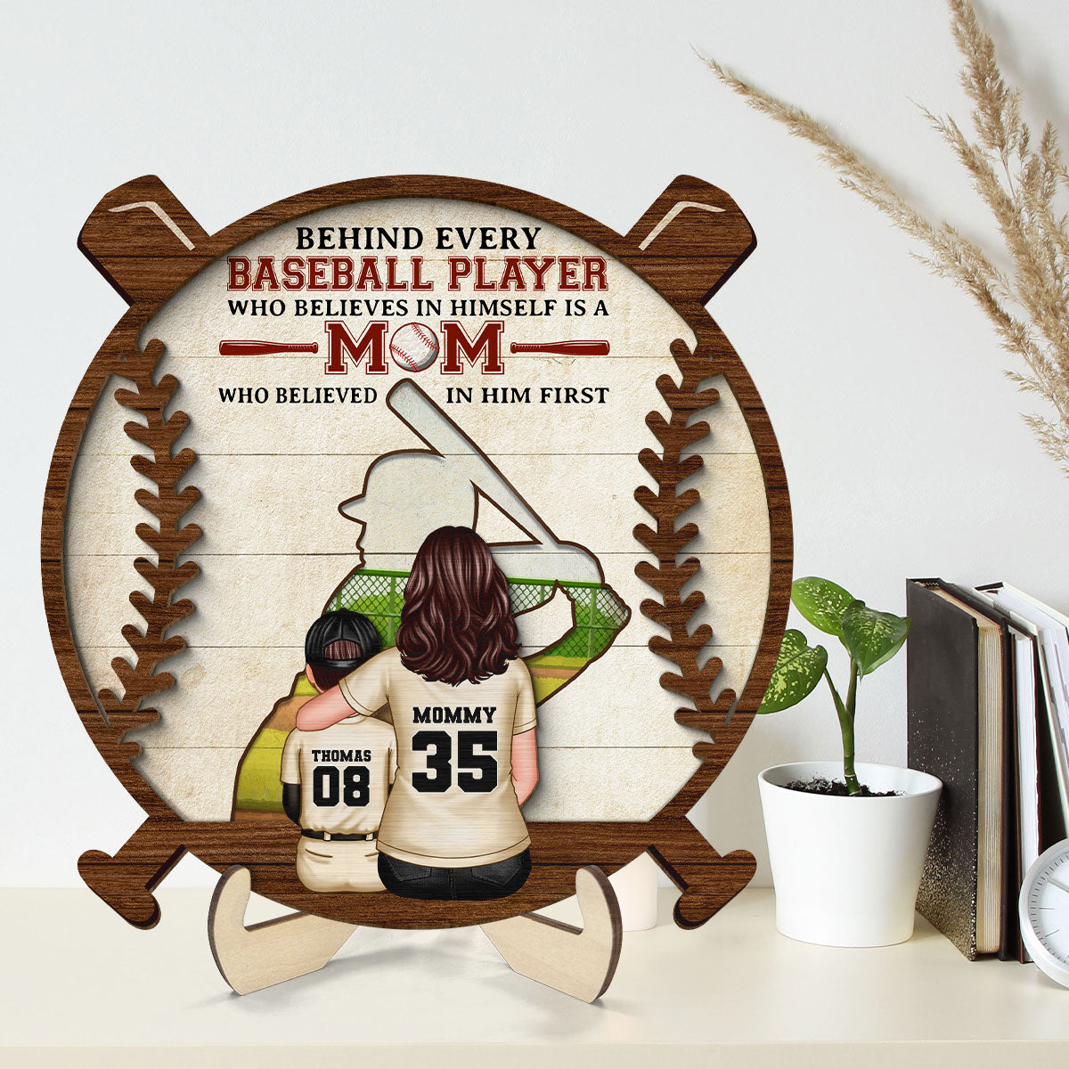 Baseball Mom Behind Every Baseball Player Personalized 2-Layer Wooden Plaque, Gift for Mom
