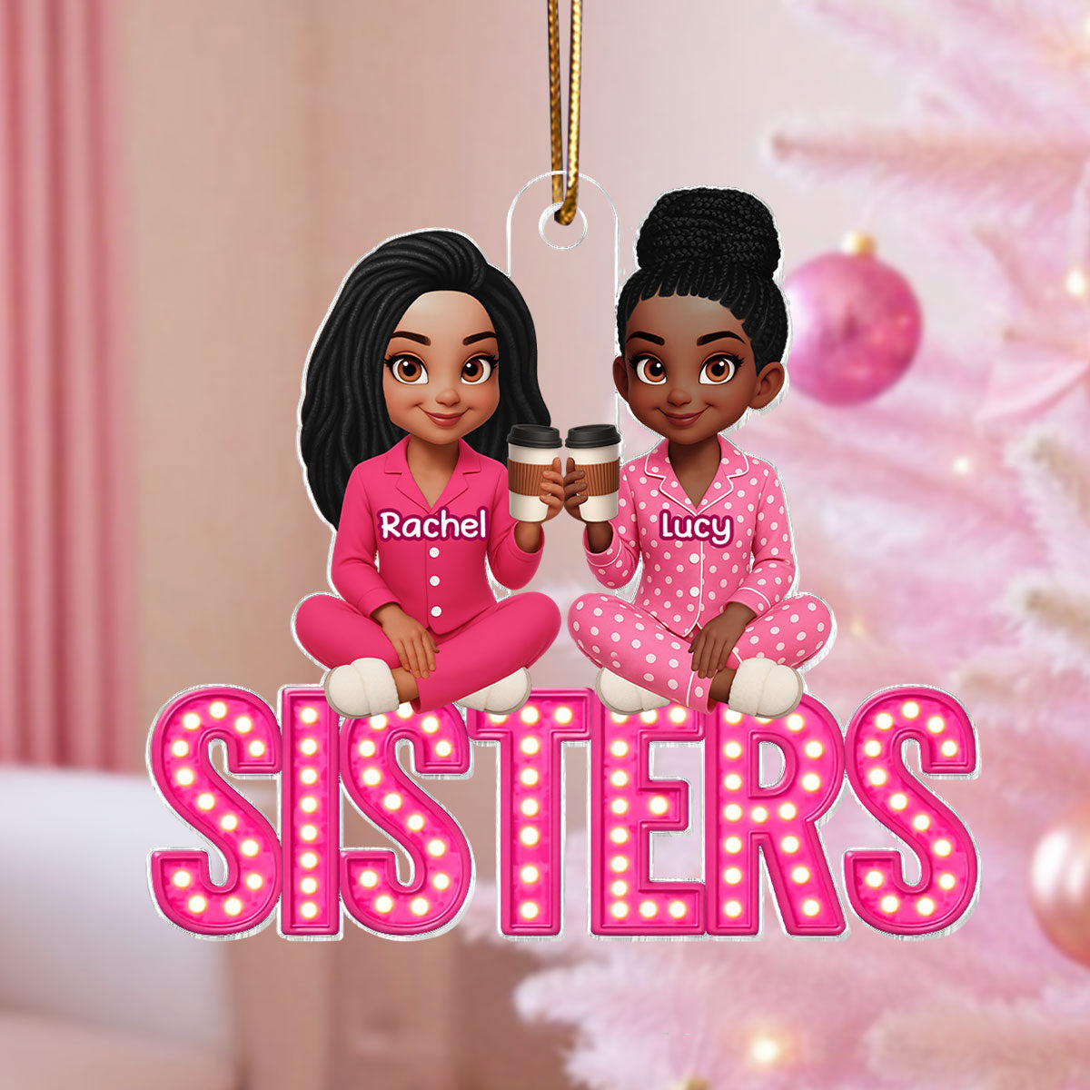 Pink Marquee Besties Sisters Sitting On Text Personalized Acrylic Ornament