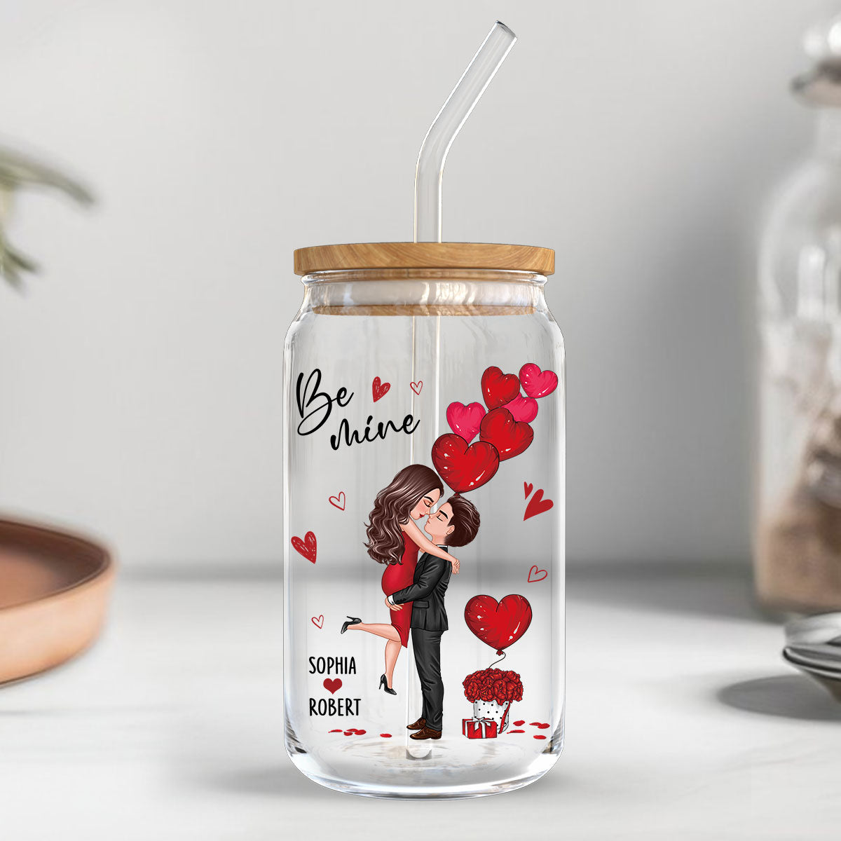 Couple Hugging Kissing Anniversary Gift For Couple Gift For Her Gift For Him Personalized Clear Glass Can