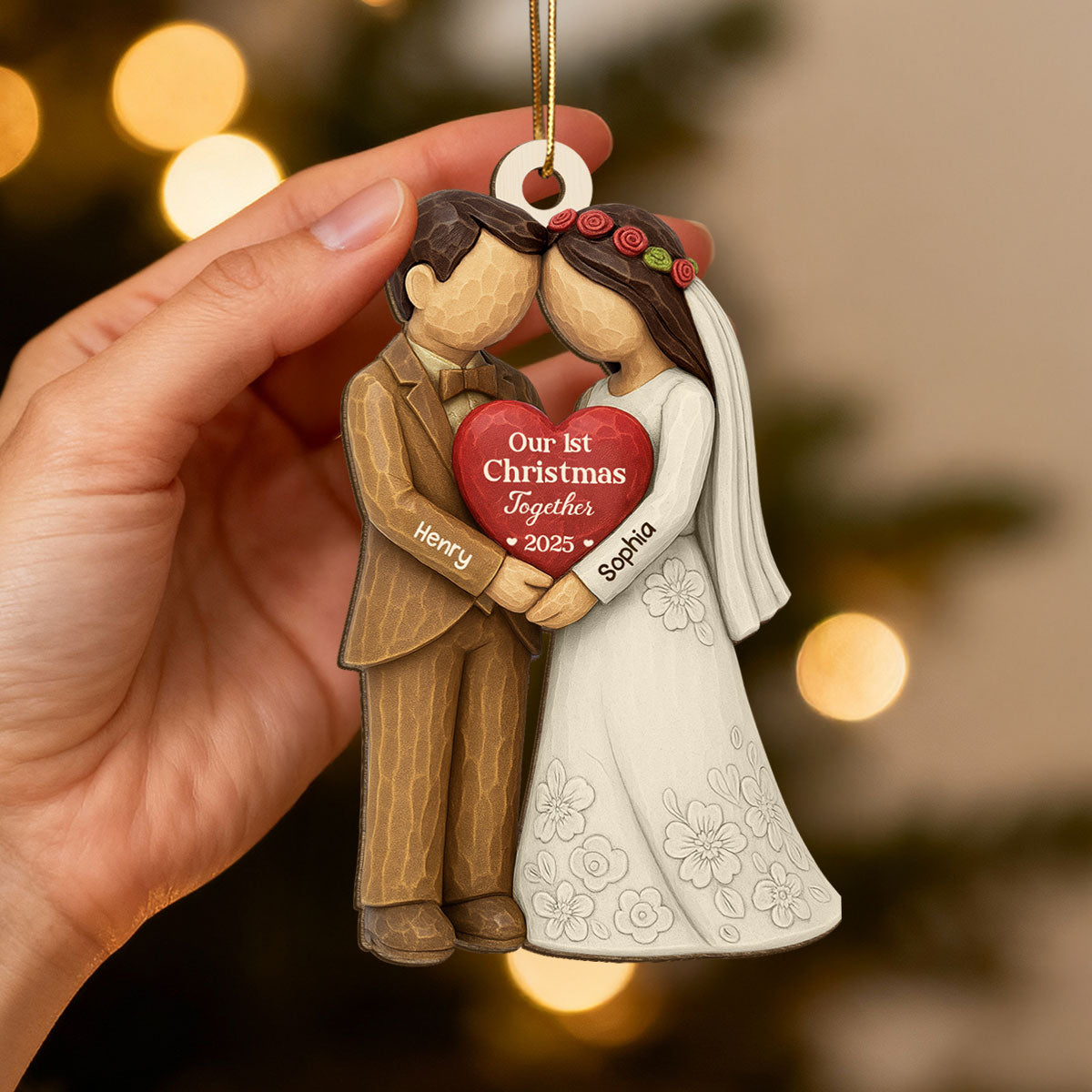 3D Effect First Christmas Married Engaged Couple - Personalized Wooden Ornament - Christmas Gift for her, for him, Newlyweds Gift