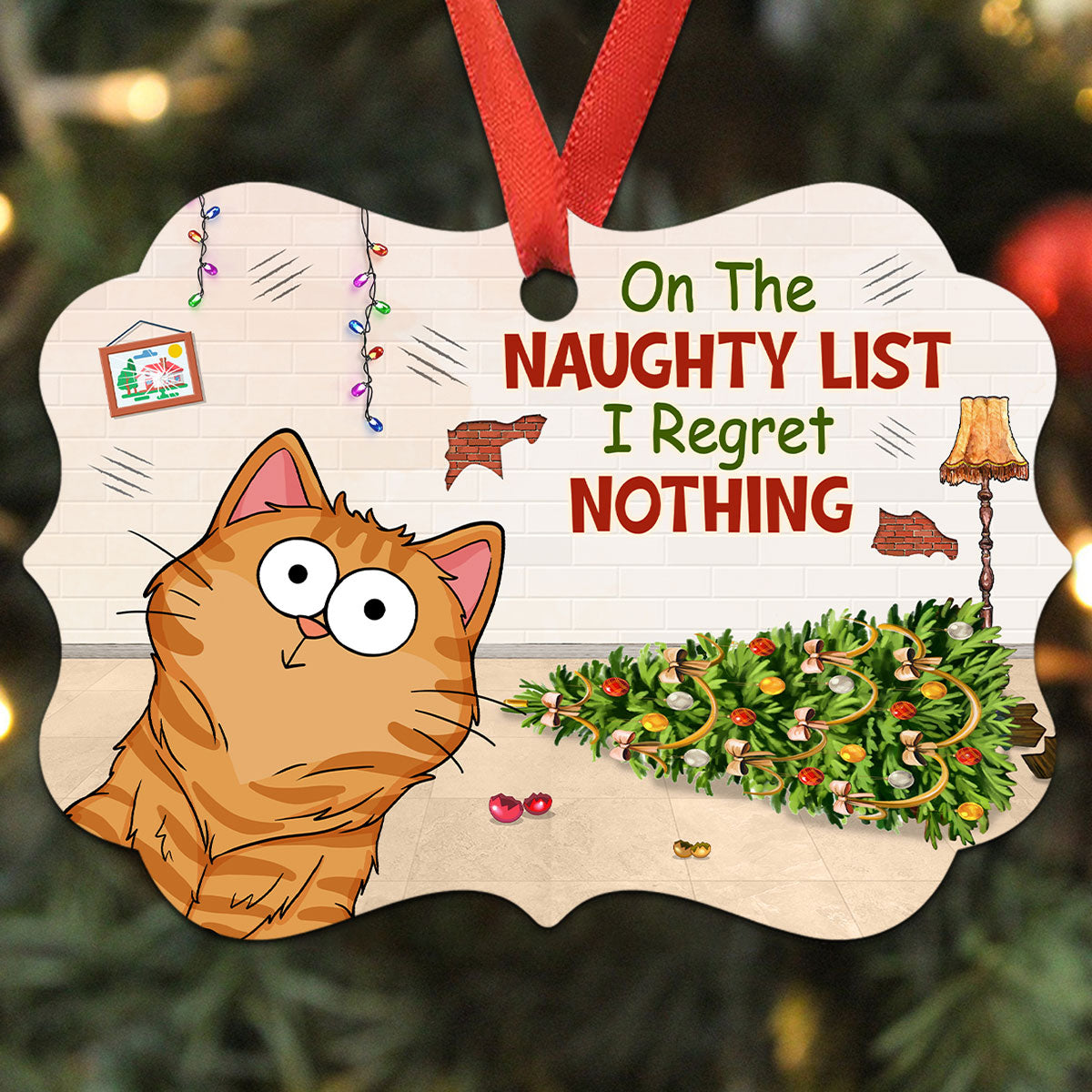 Fluffy Funny Cats Expressions On The Naughty List Regret Nothing Personalized Christmas Ornament