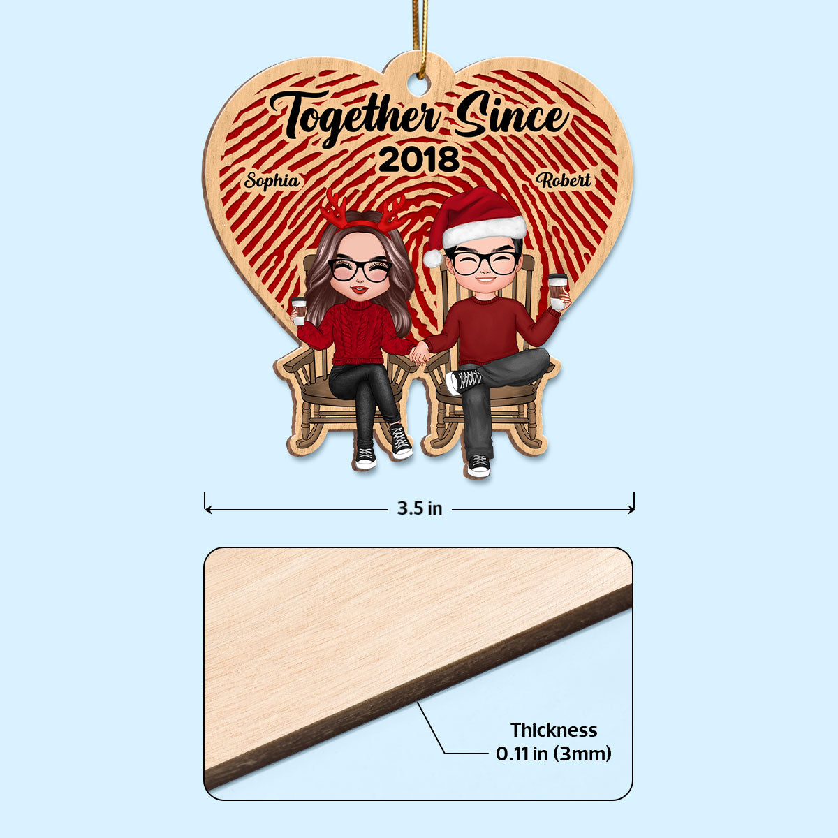 Heart Fingerprints Doll Couple Sitting Personalized Wooden Ornament