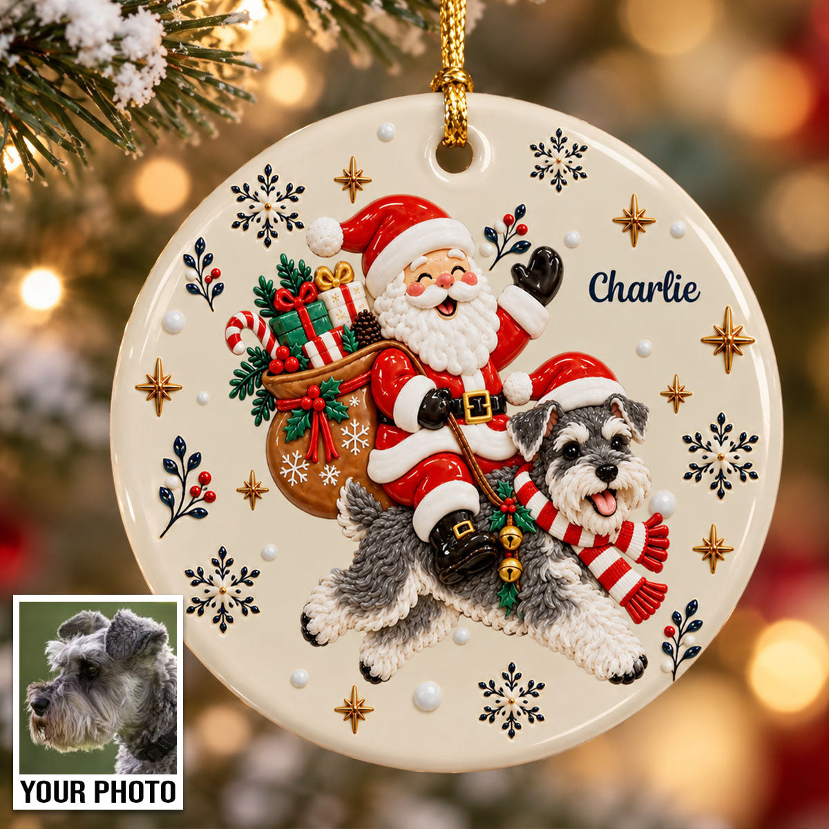 Santa On Dog's Back Upload Pet Photo 2D Flat Printed - Personalized Ceramic Ornament - Christmas Tree Decor For Dog Lover