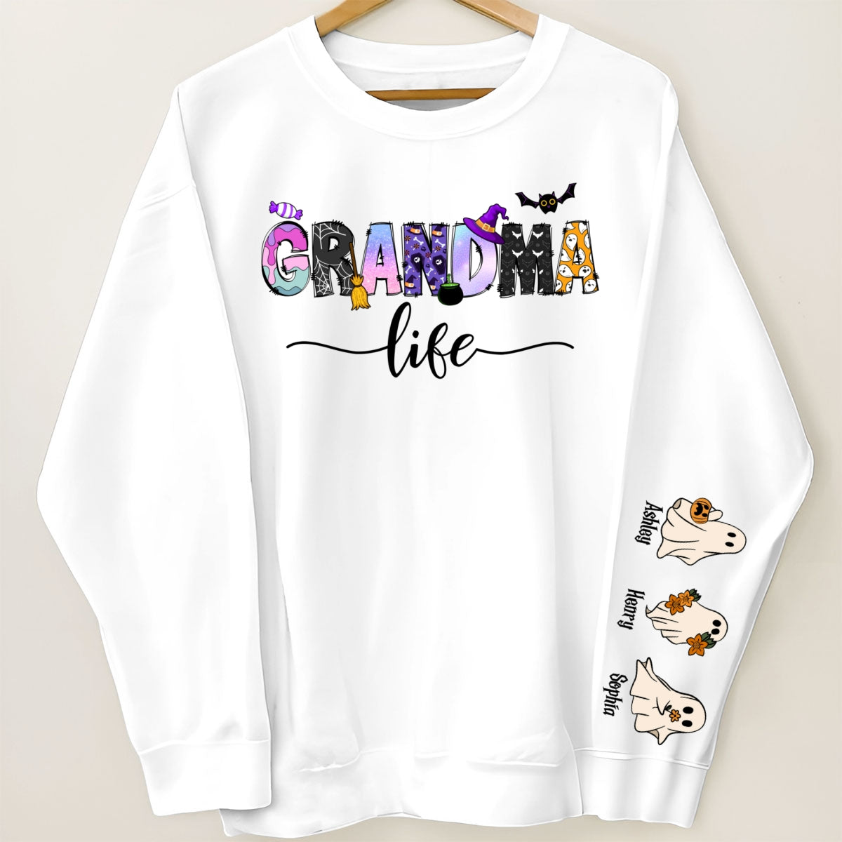 Halloween Grandma Nana Life Personalized Sleeve Printed Sweatshirt