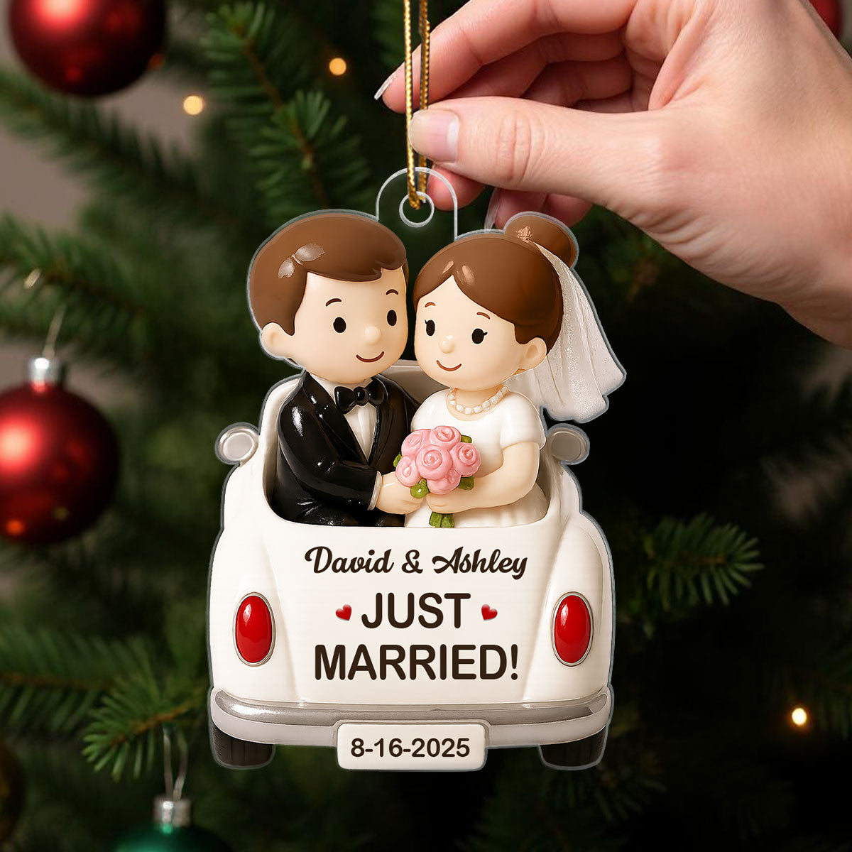 3D Effect Just Married Forever Love Couple Personalized Flat Acrylic Ornament, Gift For Newly Wedding Couple