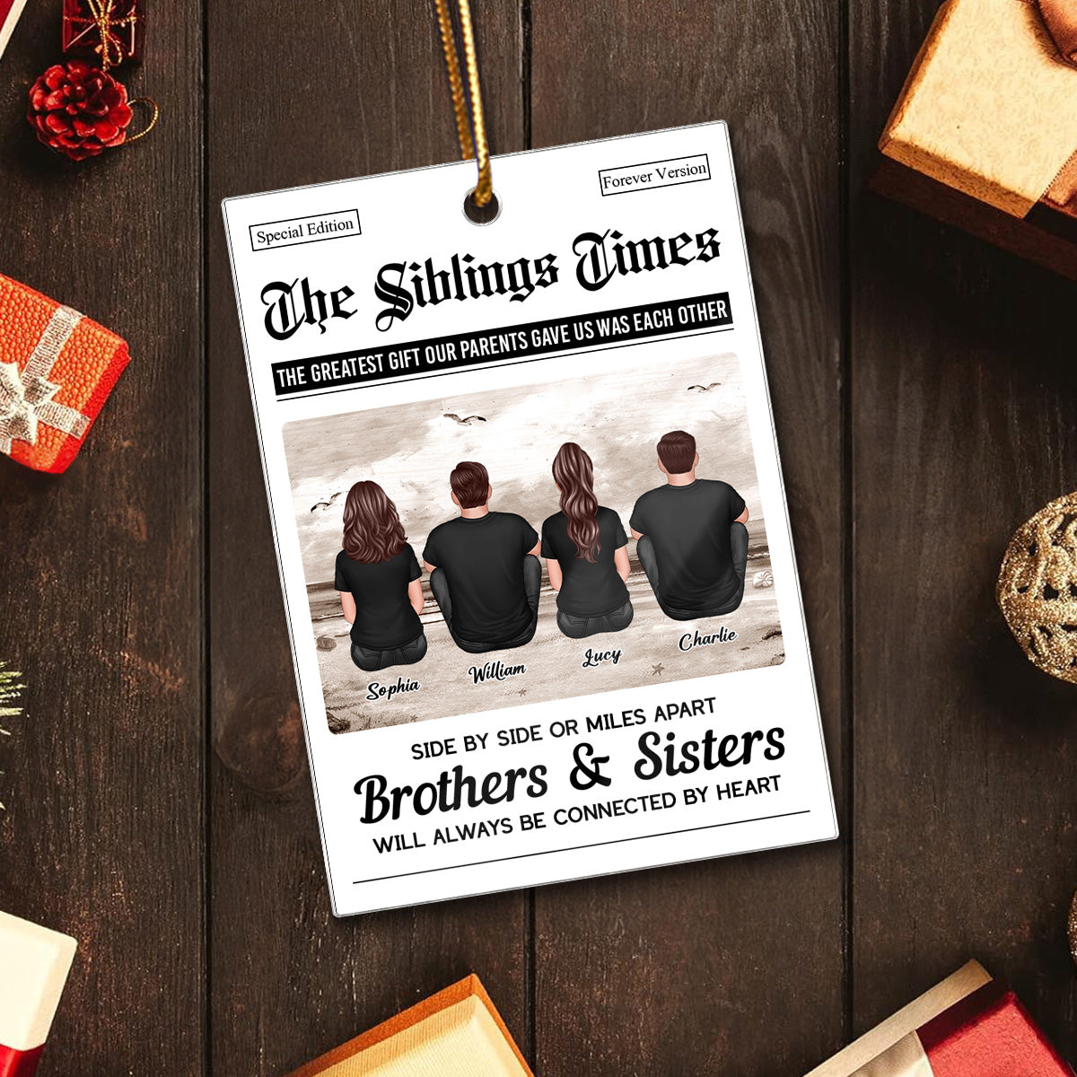 The Siblings Times Newspaper Style - Personalized Acrylic Ornament - Christmas Keepsake Gift For Brothers, Sisters