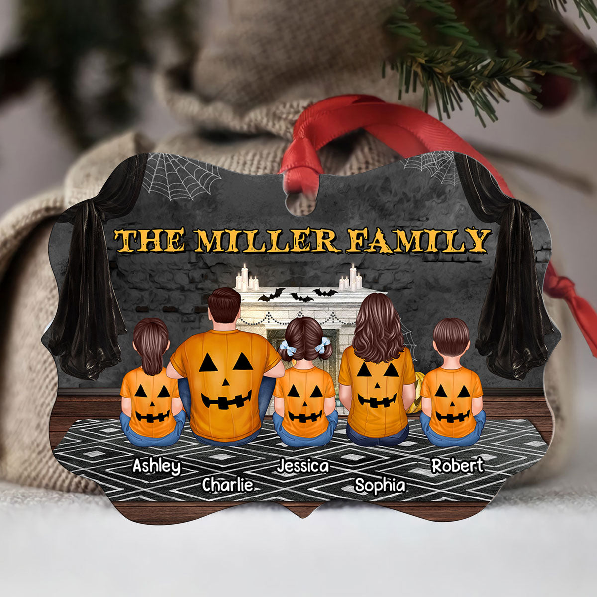 Family In Halloween Back View Sitting Couple Kid Dog Cat Personalized Ornament
