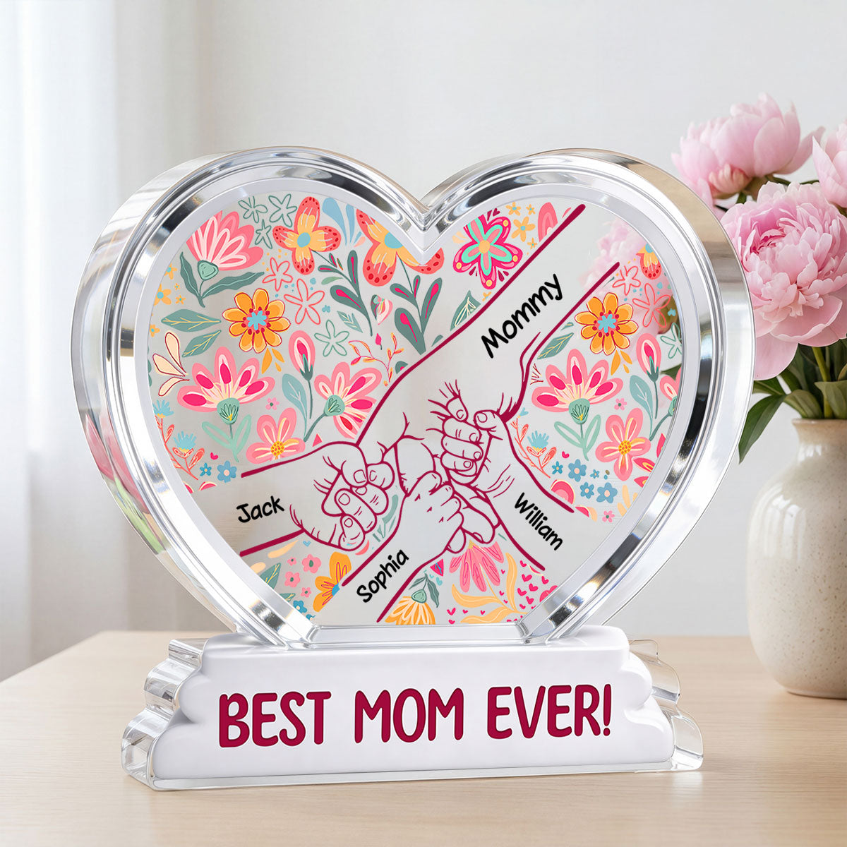 Kids Holding Hand Floral Boho 2D Flat - Personalized Acrylic Block Plaque - Mother's Day Gift For Mom Grandma