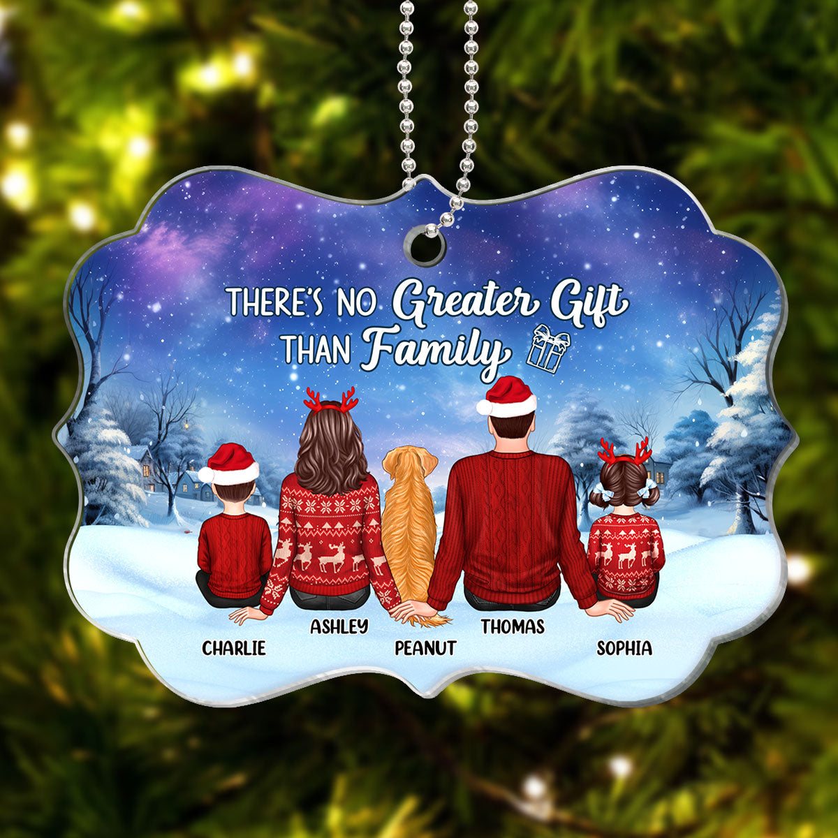Christmas Night Landscape Family Sitting Back View Personalized Acrylic Ornament