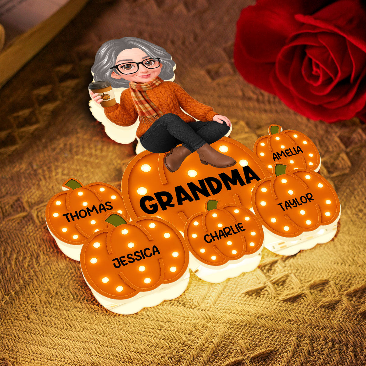 Fall Season Grandma Marquee Pattern Texture Pumpkins Kids Names Personalized LED Light Box