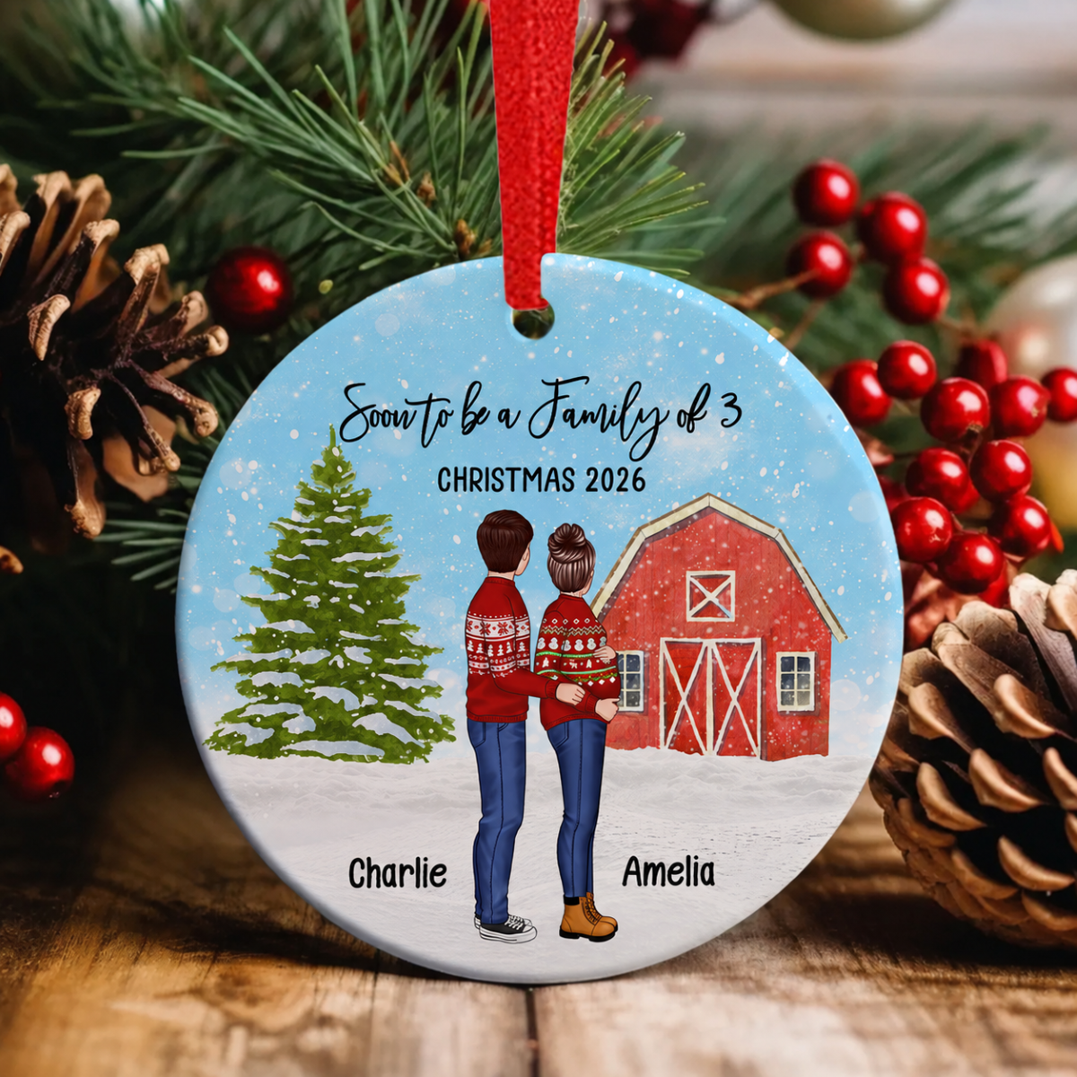 Family Pregnancy Christmas Ornament, Expecting Pregnancy announcement, Red Barn, Personalized Circle Ceramic Ornament