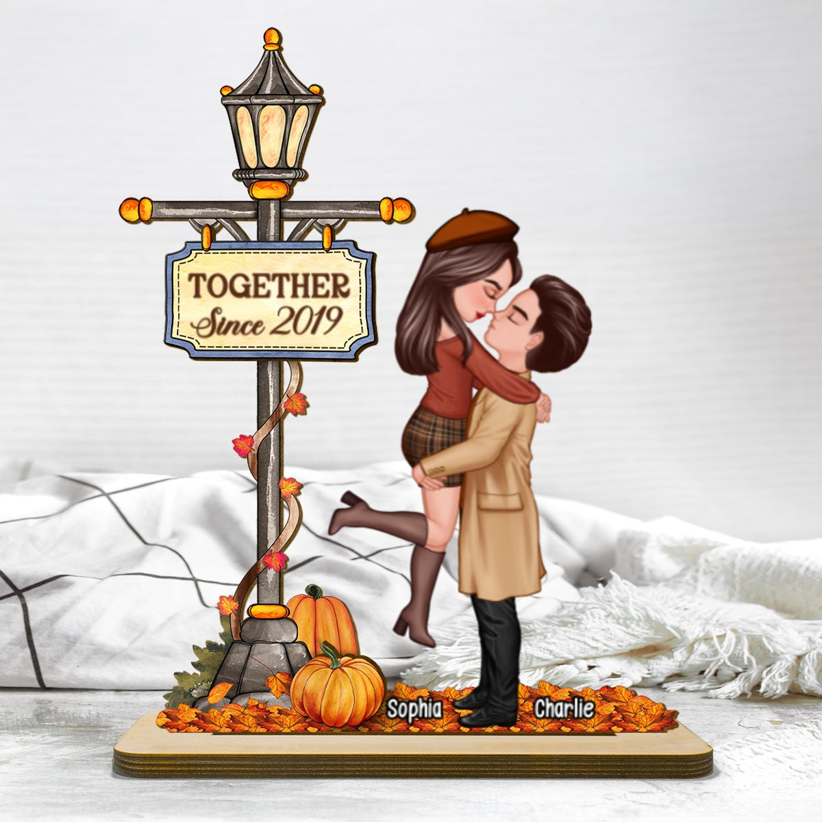 Under Lamp Post Fall Season Couple Kissing Personalized Standing Wooden Plaque
