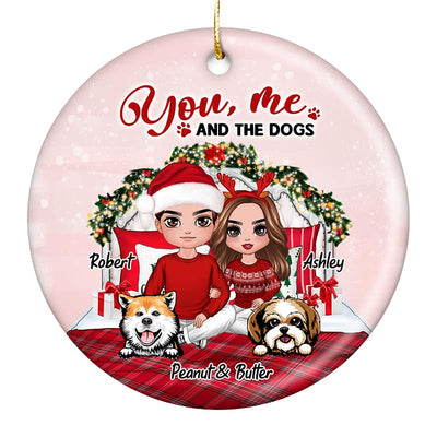 Couple And Dogs Sitting On Bed Personalized Christmas Circle Ornament