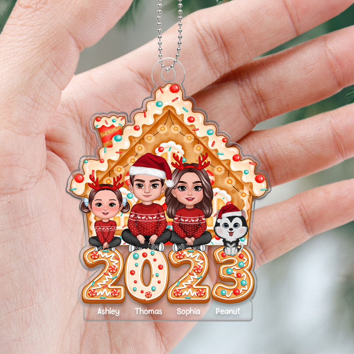 Family Sitting Crossed Legs Gingerbread House 2023 Personalized Acrylic Ornament