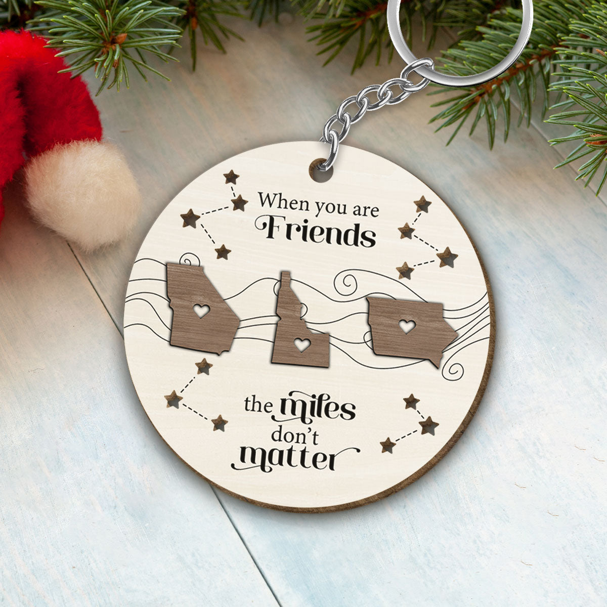 Long Distance Family Friends Siblings Sisters Besties Personalized Wooden Keychain, Togetherness Christmas Gift