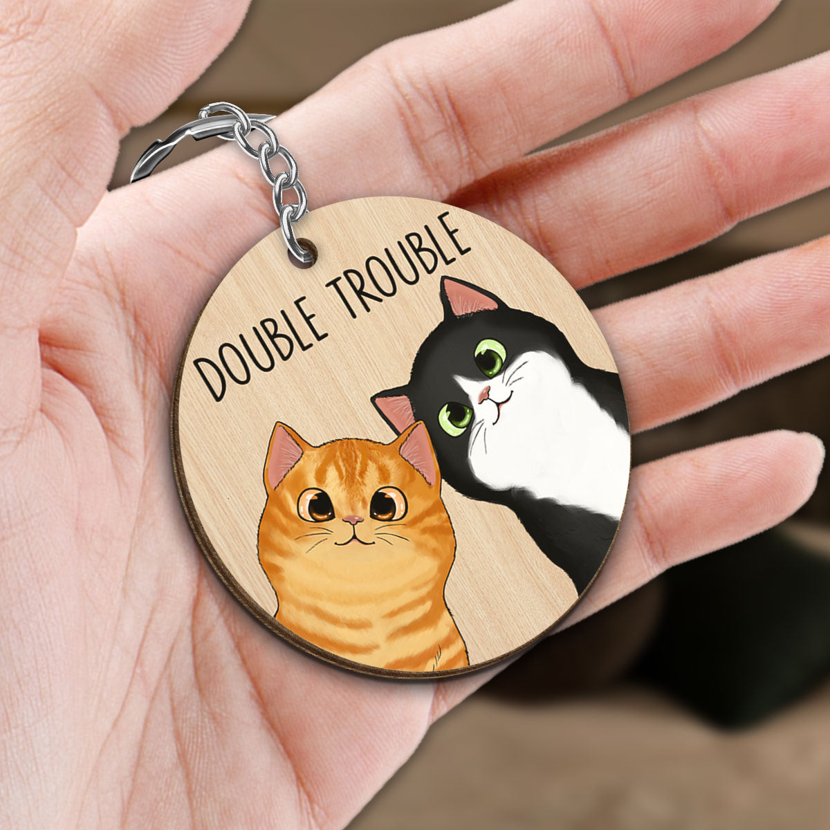 Peeking Fluffy Cats Double Trouble Personalized Wooden Keychain