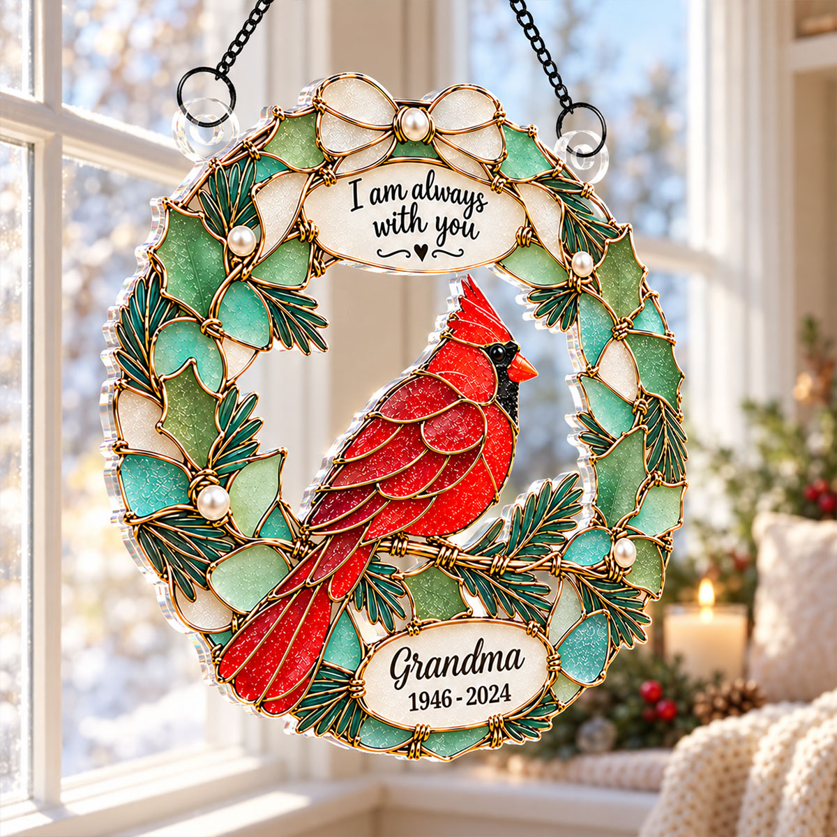 Always With You Cardinal Wreath 2D Flat Printed - Personalized Acrylic Window Hanger - Memorial Sympathy Gift, Christmas Remembrance Keepsake