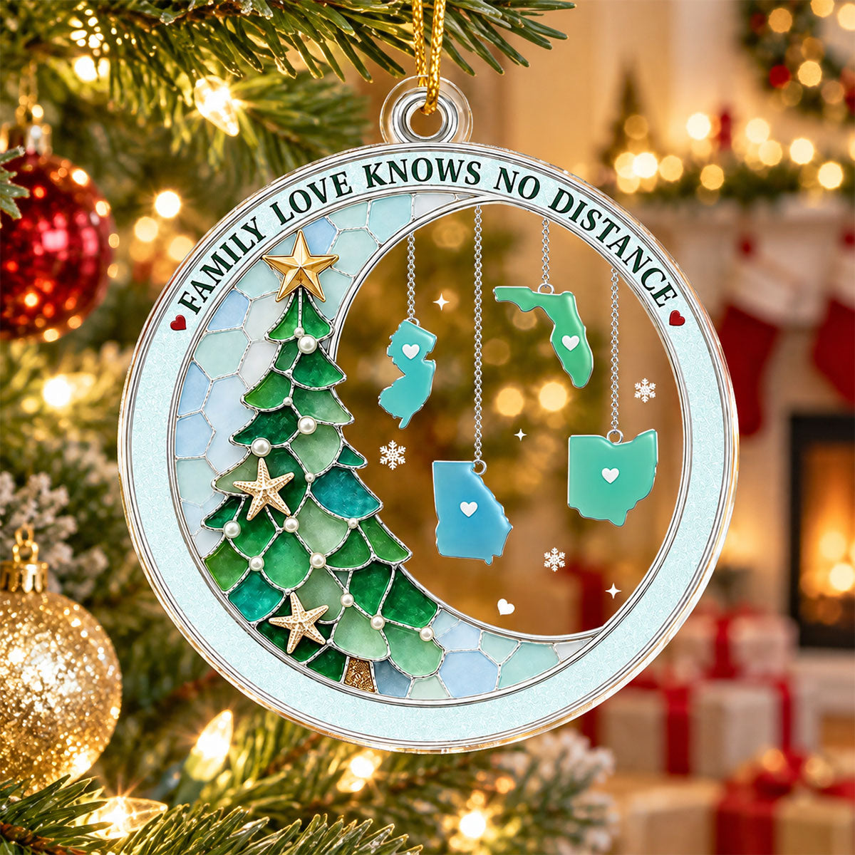 Family Love Knows No Distance 2D Flat Printed - Personalized Acrylic Ornament - Christmas Gift For Family