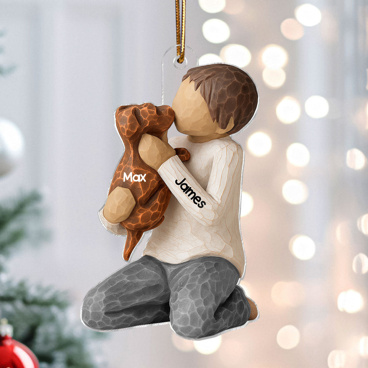 3D Effect Boy Girl Hugging Dog - Personalized Acrylic Ornament - Christmas Gift For Dog Lovers