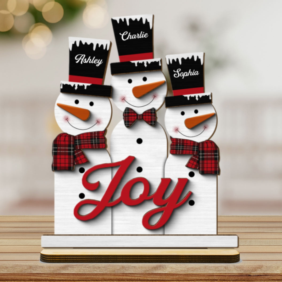 Joy Snowman Family Christmas Personalized 2-Layer Standing Wooden Plaque, Christmas Decoration, Tiered Tray Decor