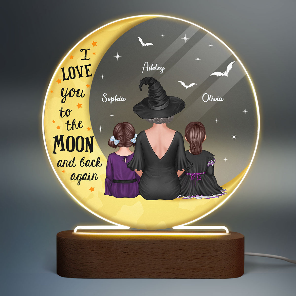 Halloween Love You To The Moon Grandma & Grandkids Personalized Circle Acrylic Plaque With LED Night Light