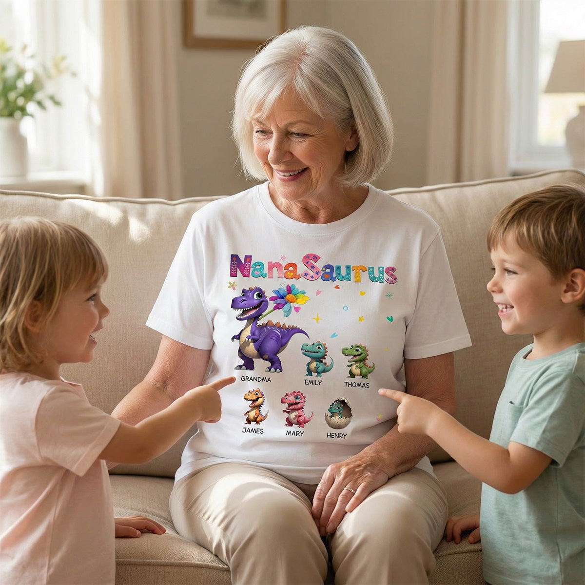 Grandmasaurus And Kids Colorful 3D Effect Dinosaurs - Personalized Shirt - Mother's Day Gift For Grandma