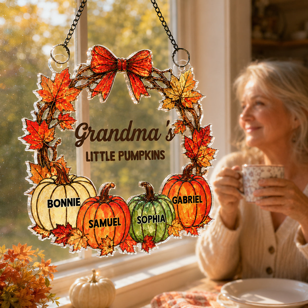 Grandma Little Pumpkins - Personalized Acrylic Window Hanging - Fall Season Decoration