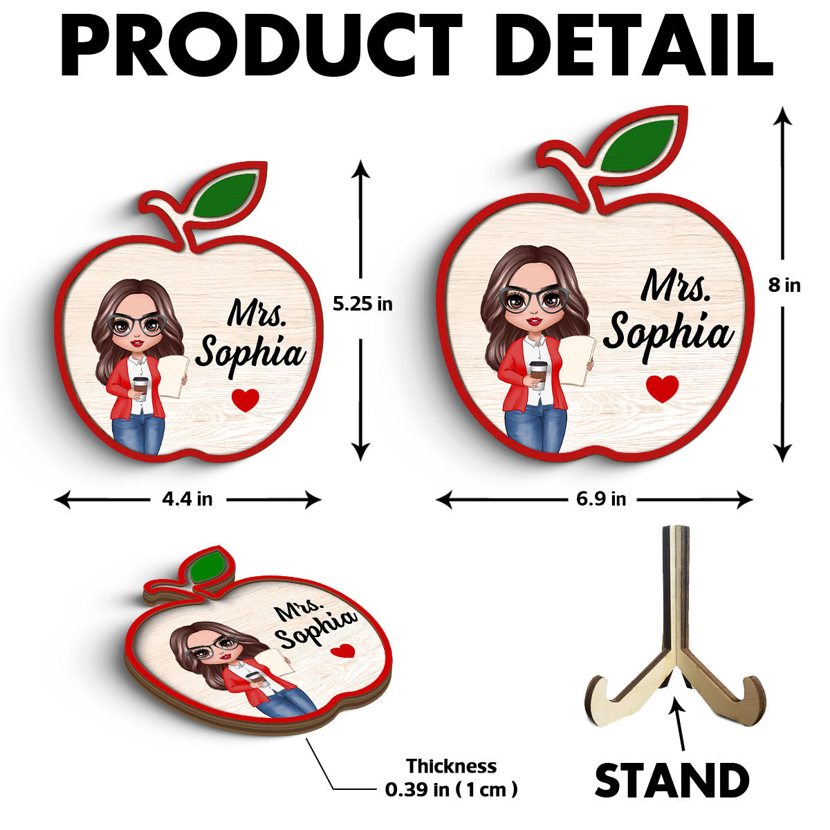 Doll Teacher Apple Shaped Personalized 2-Layer Wooden Plaque, Back To School Gift For Teacher, Office Decor