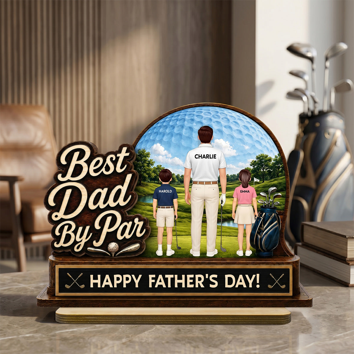 Best Dad By Par Custom Man & Kids Back View - Personalized 2-Layered Wooden Plaque - Father's Day Gift For Golf Dad