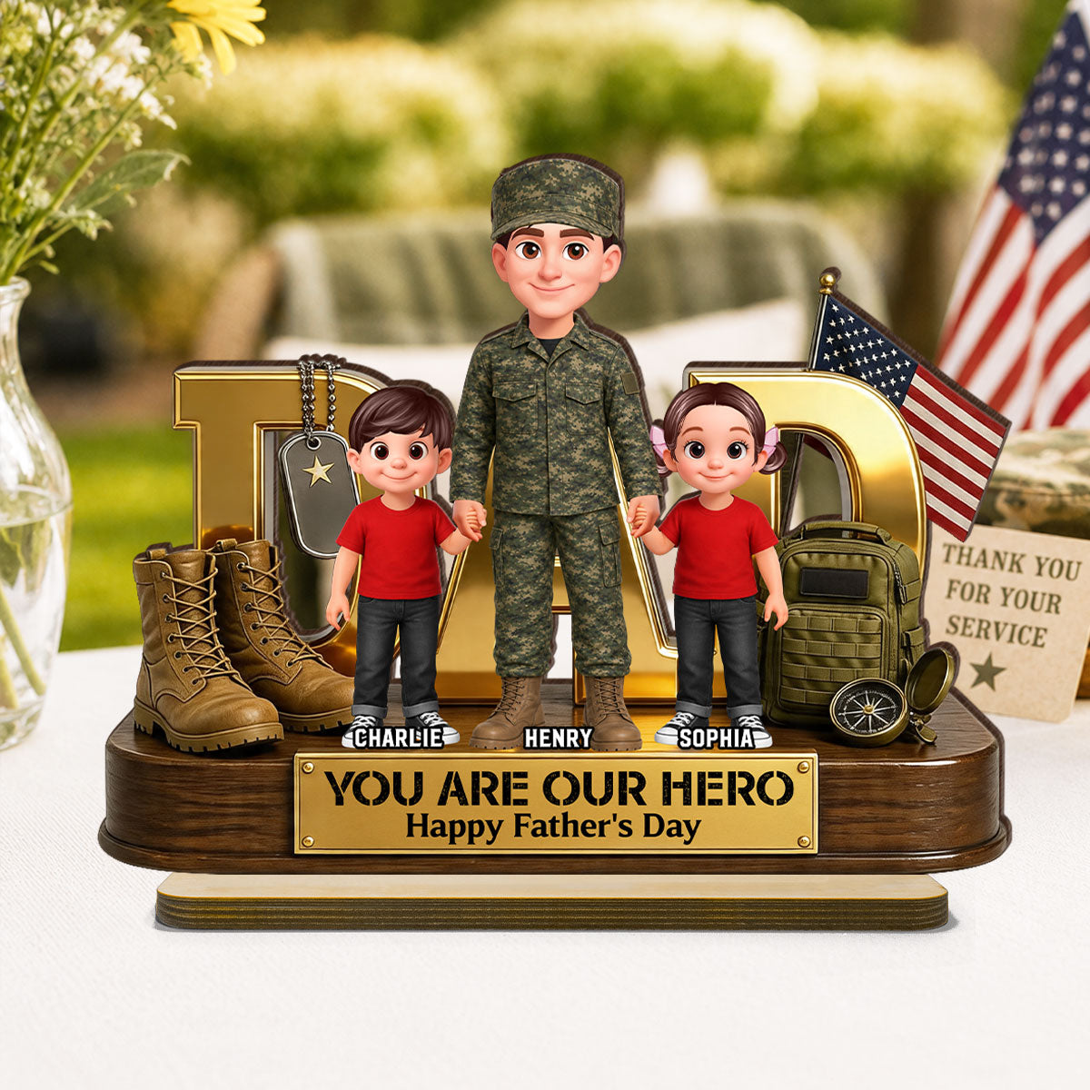 Proud American Millitary Dad - Personalized 2-Layered Wooden Plaque - Father's Day Gift For Dad, Husband