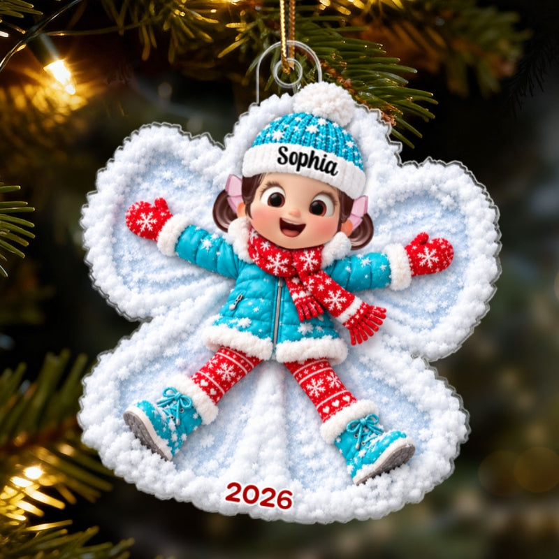 Snow Angel Cute Boy Girl Making Snow2D Flat - Personalized Acrylic Ornament - Christmas Gift for Daughter Son Granddaugter Grandson