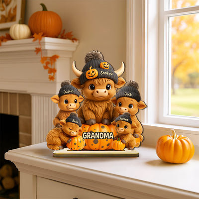 Mama Cow Personalized Standing Wooden Plaque, Cozy Fall Vibe Halloween Decor for Mom, Grandma
