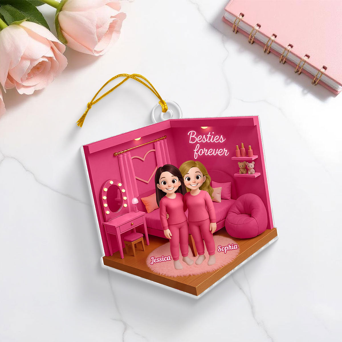 3D Effect Besties Pink Tone Diorama Dream Dollhouse Personalized Flat Acrylic Ornament, Keepsake