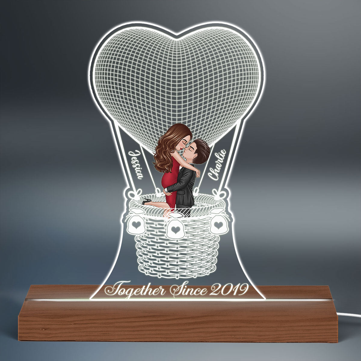 Couple Kissing In Hot Balloon Together Since Personalized Custom Shape Acrylic Plaque With LED Night Light