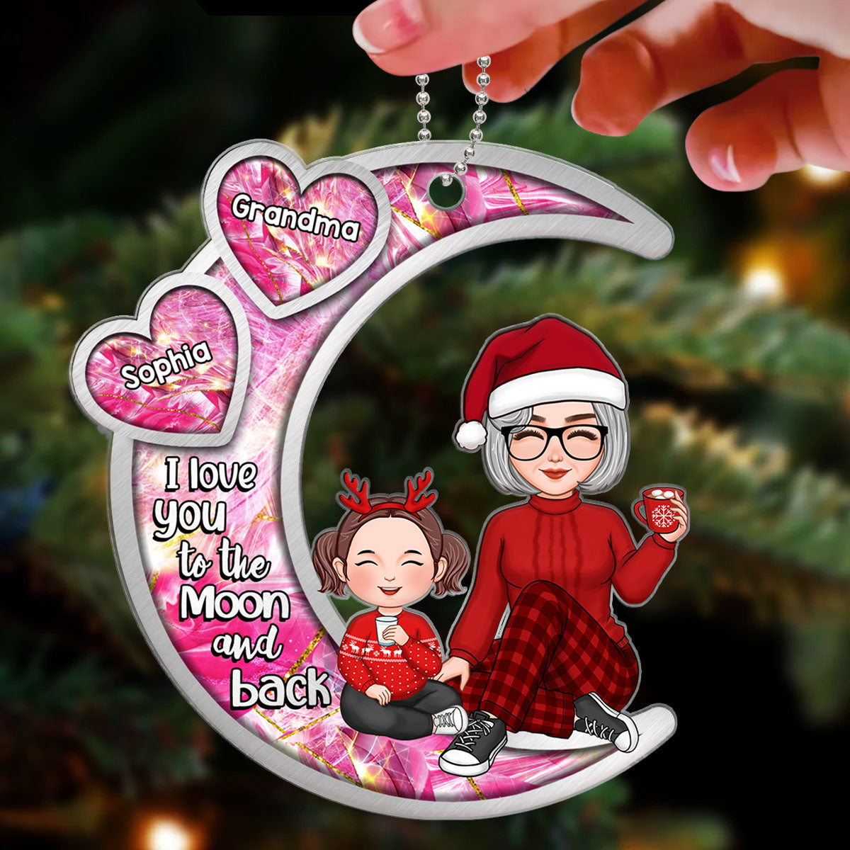 Galaxy Pattern Cute Grandma & Grandkid On Moon Christmas Gift Personalized Acrylic Ornament