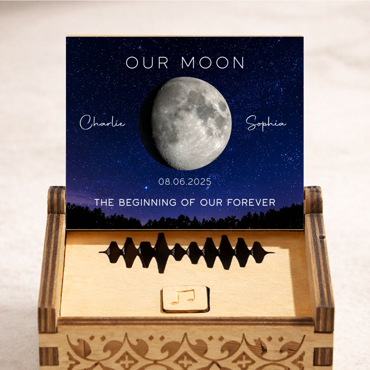 Our Moon Custom Moon Phase & Favorite Song - Personalized Wooden Music Box - Valentine's Day Gift For Him, Gift For Her